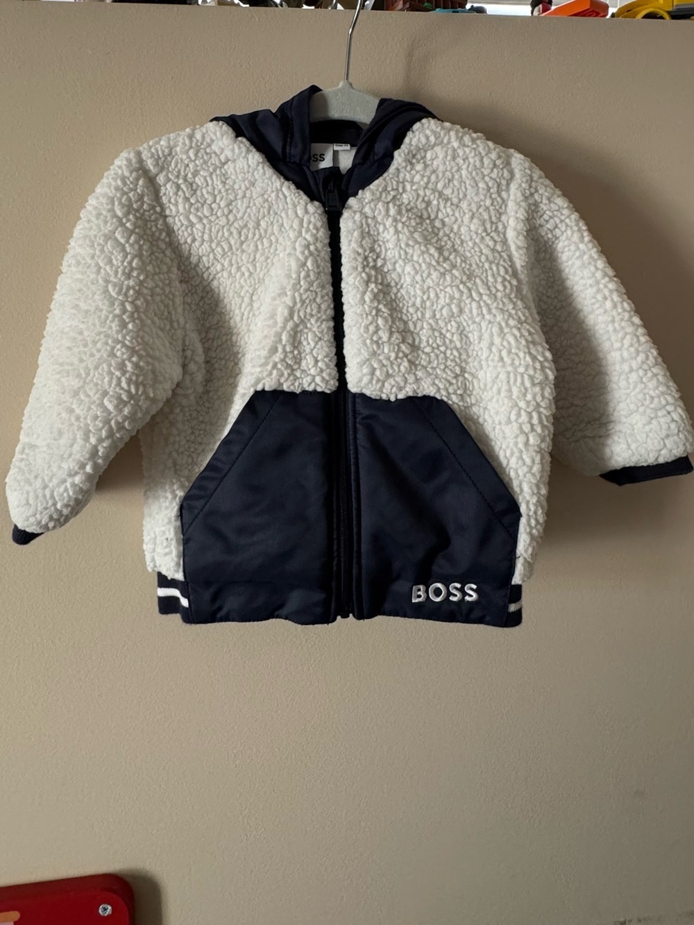 BOSS Kids White Sherpa Jacket with Navy Trim